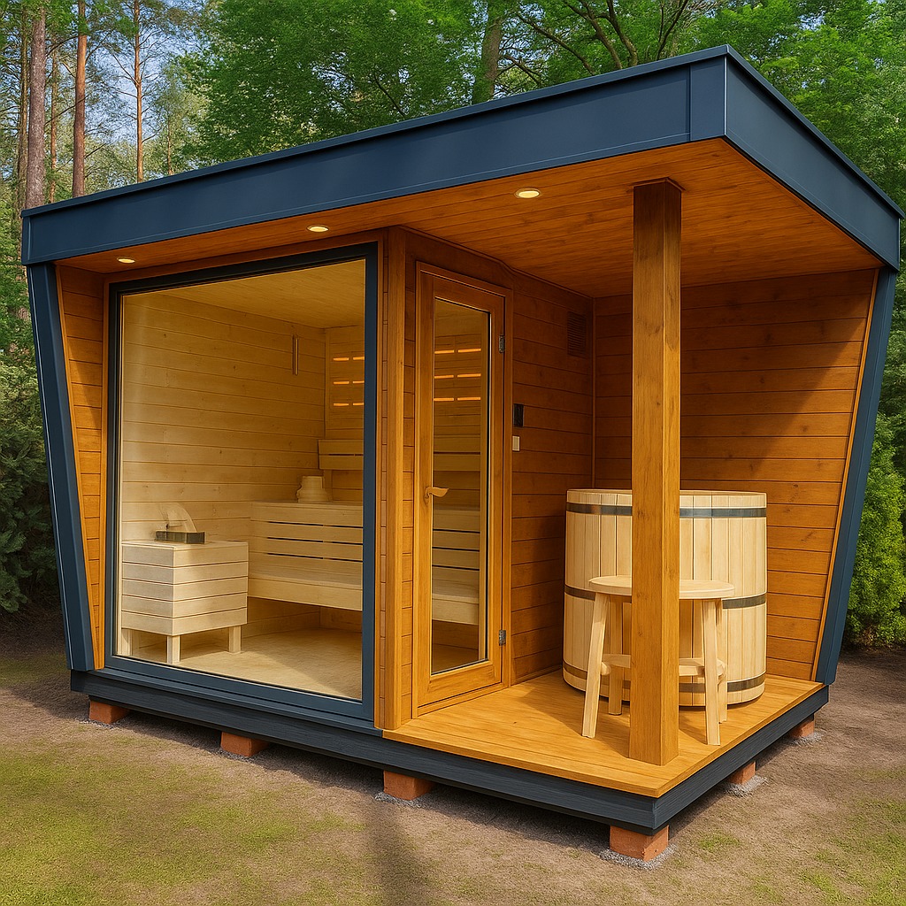 Modern 4–6 Person Outdoor Sauna Cabin with Ice Bath & Porch –Price Starting USD $24,999.00 (DDP Shipping Available)