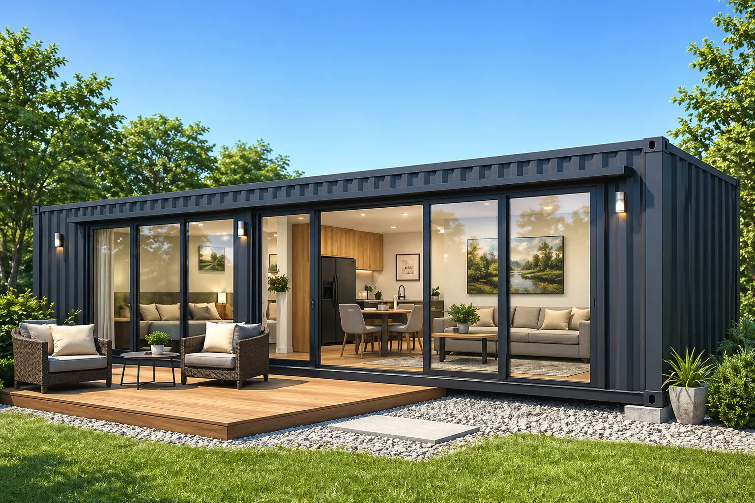 Container home price USA – modern shipping container home with desert landscape