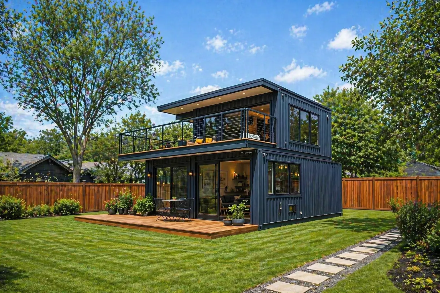 Affordable container homes Arizona – modern steel container home with desert landscape